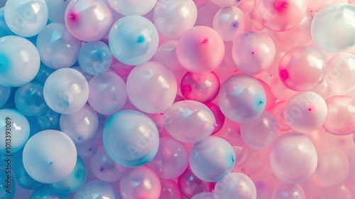 Colorful balloons in shades of blue and pink, creating a festive, vibrant background filled with soft, glossy textures