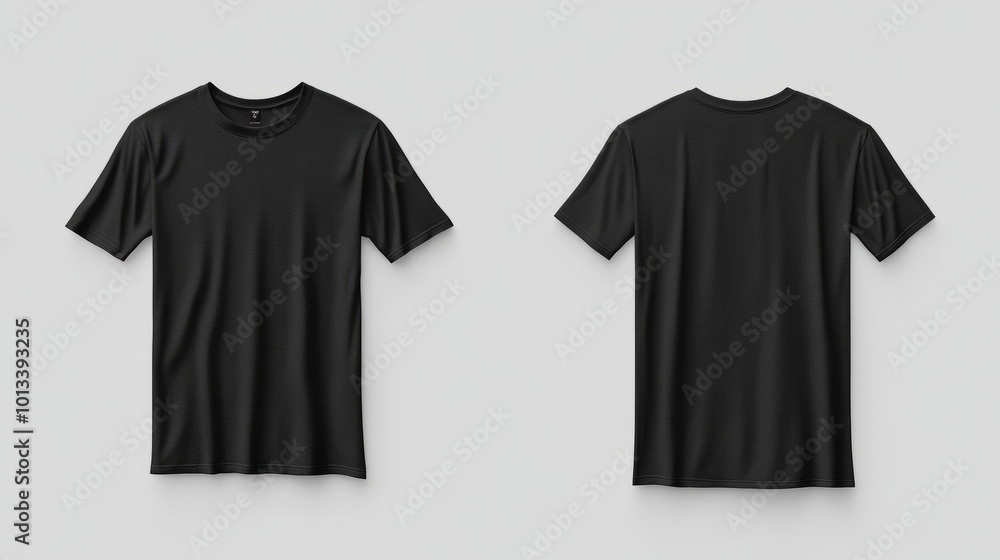 Fototapeta premium A blank black male T-shirt, with front and back views shown, isolated for design presentation, with a clean, neutral backdrop