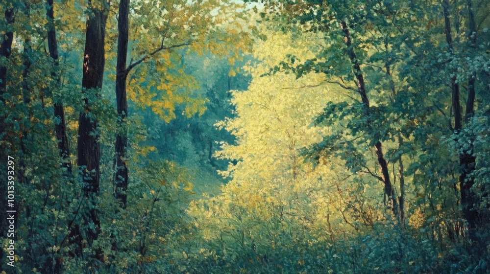 Summer Woodland Scene in Green and Gold Hues Summer Woodland Scene in Green and Gold Hues
