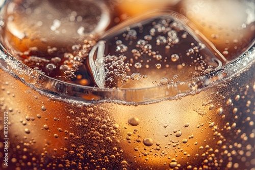 Cola with ice. Close-up of ice cubes in cola water. Texture of a carbonated drink with bubbles in the glass. Cola soda and ice splash, fizz or float to the surface. Cold drink background. 