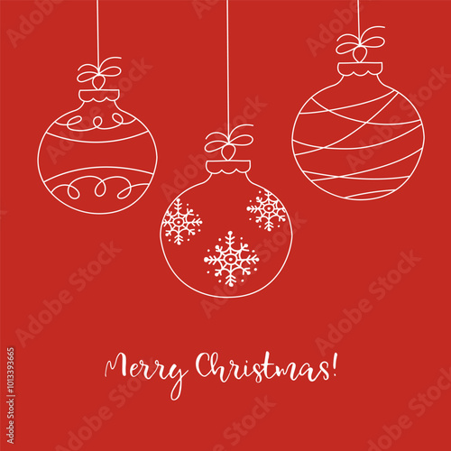 Christmas Card Template with Doodle Balloons on Red Background and Merry Christmas Greeting Lettering