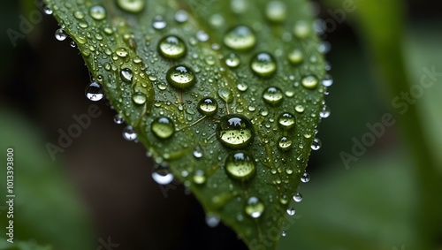 Dew drops on a leaf captured up close.