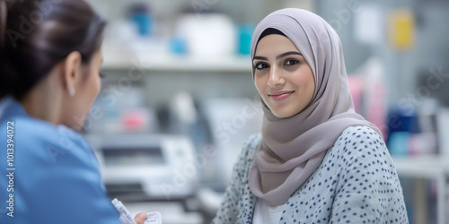 arab woman with hejab sitting on medical lab and wearing light blue abaya , with nurse taking a pregnant test