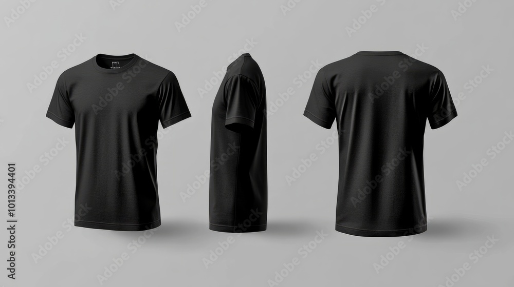 Front and back views of a black male T-shirt mockup, blank and ready for showcasing design concepts, on a neutral background Front and back views of a black male T-shirt mockup, blank and ready for showcasing design concepts, on a neutral background