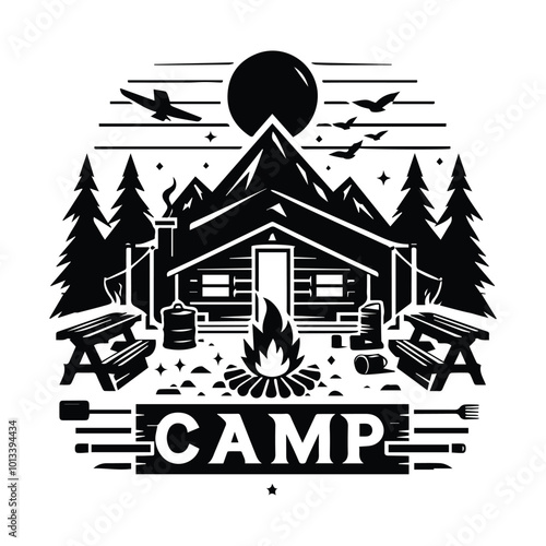 A camping illustration showcasing a tent nestled in front of a towering mountain, capturing the essence of outdoor adventure.