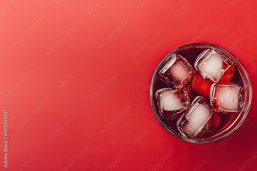 Cola with ice. Fresh cold sweet drink with ice cubes. On a red background with copy space. Cola with ice. Fresh cold sweet drink with ice cubes. On a red background with copy space.