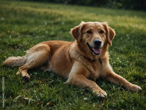 Dog lounging on the grass.