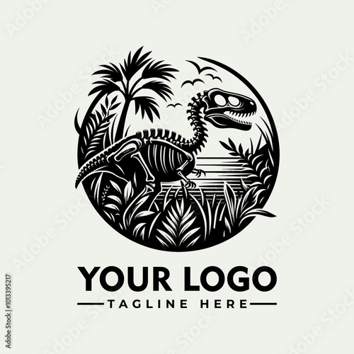 Dinosaur skeletons vector logo palm tree, flying reptiles, lush foliage dinosaur skeletons, palm tree, flying reptiles, lush foliage. Suitable for educational materials, prehistoric themes, museum dis photo