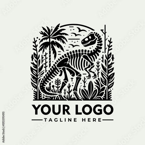 Dinosaur skeletons vector logo palm tree, flying reptiles, lush foliage dinosaur skeletons, palm tree, flying reptiles, lush foliage. Suitable for educational materials, prehistoric themes, museum dis photo