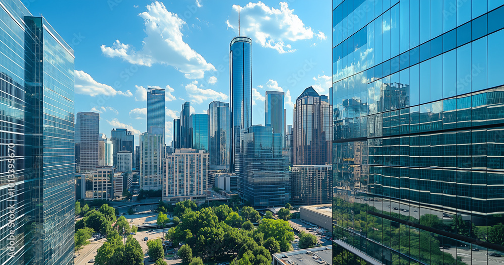 Obraz premium Aerial View of City Skyline and Skyscrapers Under Blue Sky and White Clouds