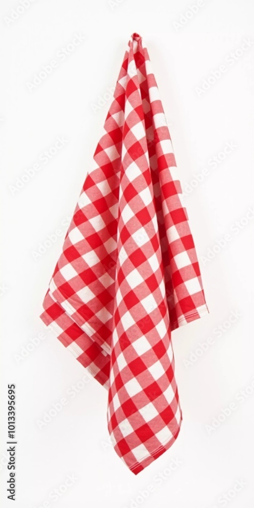 Hanging cloth. Red and white checkered kitchen towel inviting warmth and charm to the cooking area. White background. Generative AI Hanging cloth. Red and white checkered kitchen towel inviting warmth and charm to the cooking area. White background. Generative AI
