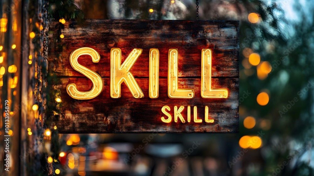 Skill sign with glowing letters on wooden board Skill sign with glowing letters on wooden board