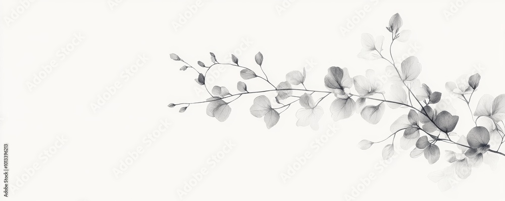 Delicate eucalyptus branch on light background, monochrome elegance. Minimalist nature and tranquility concept Delicate eucalyptus branch on light background, monochrome elegance. Minimalist nature and tranquility concept
