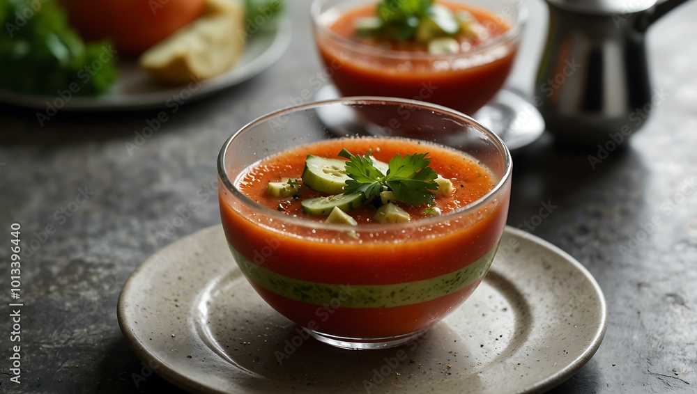 Elegant chilled gazpacho with garden vegetables and herb infusions. Elegant chilled gazpacho with garden vegetables and herb infusions.