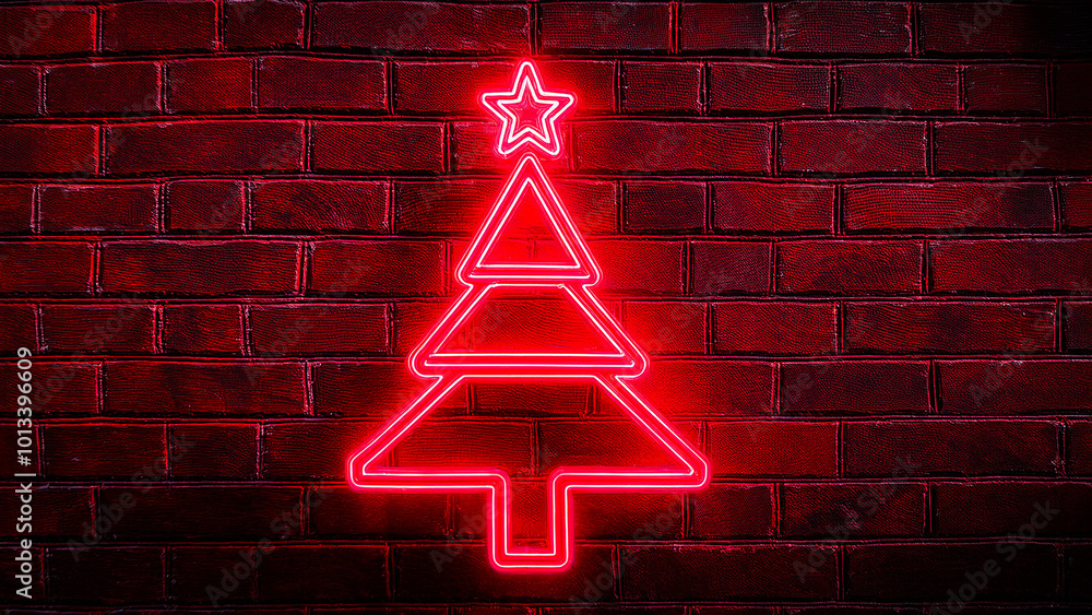 Red neon Christmas tree with neon star on brick background. Christmas background. Red neon Christmas tree with neon star on brick background. Christmas background.
