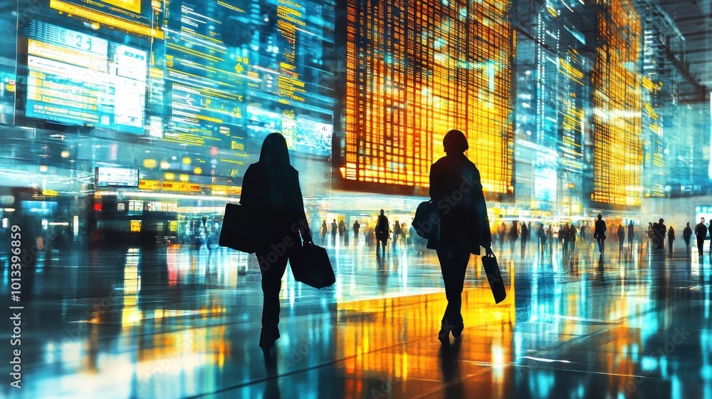 A busy urban scene depicting silhouettes of people in a vibrant, illuminated environment. A busy urban scene depicting silhouettes of people in a vibrant, illuminated environment.