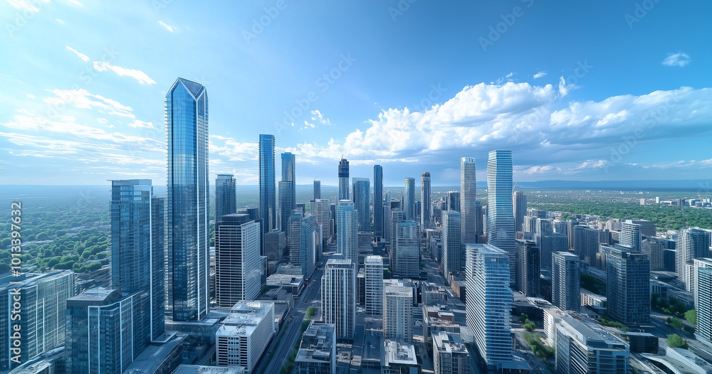 Aerial View of City Skyline and Skyscrapers Under Blue Sky and White Clouds