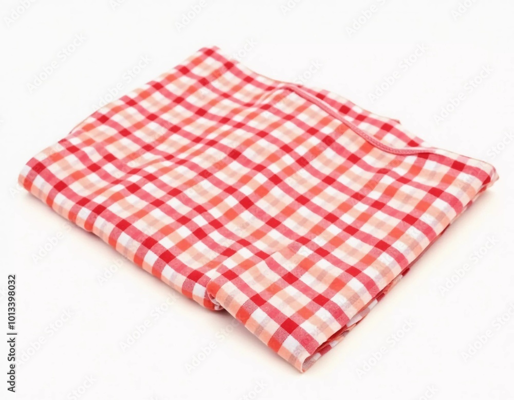 This red and white checkered kitchen towel is neatly folded and placed on a pristine countertop, inviting warmth and charm to the cooking area. Generative AI This red and white checkered kitchen towel is neatly folded and placed on a pristine countertop, inviting warmth and charm to the cooking area. Generative AI