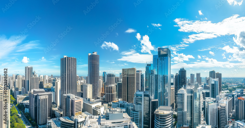 Fototapeta premium Aerial View of City Skyline and Skyscrapers Under Blue Sky and White Clouds