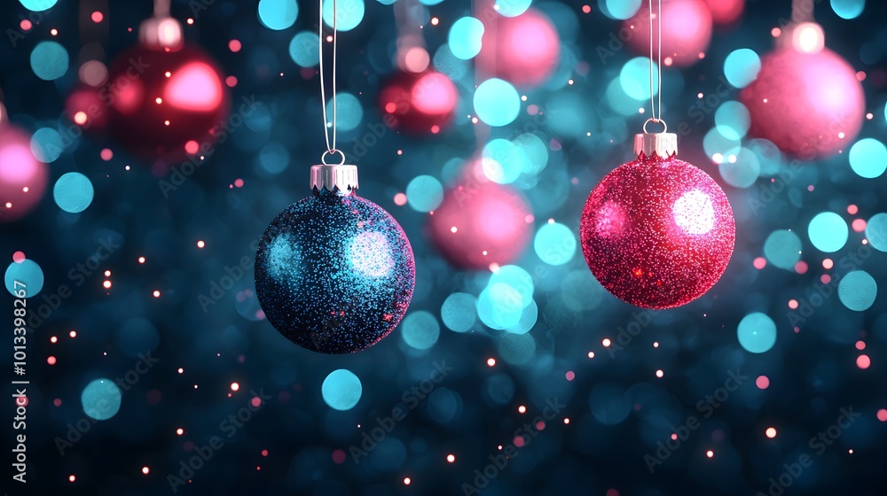 Fototapeta premium Glittering blue and red ornaments hang against a shimmering bokeh backdrop, creating a festive atmosphere filled with warmth and joy. Festive Space