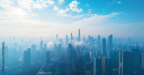 Aerial View of City Skyline and Skyscrapers Under Blue Sky and White Clouds