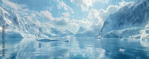 Iceberg-strewn fjord with towering glaciers and a serene atmosphere, 4K hyperrealistic photo photo