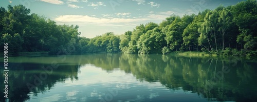 Lake with a smooth surface reflecting the trees, 4K hyperrealistic photo,