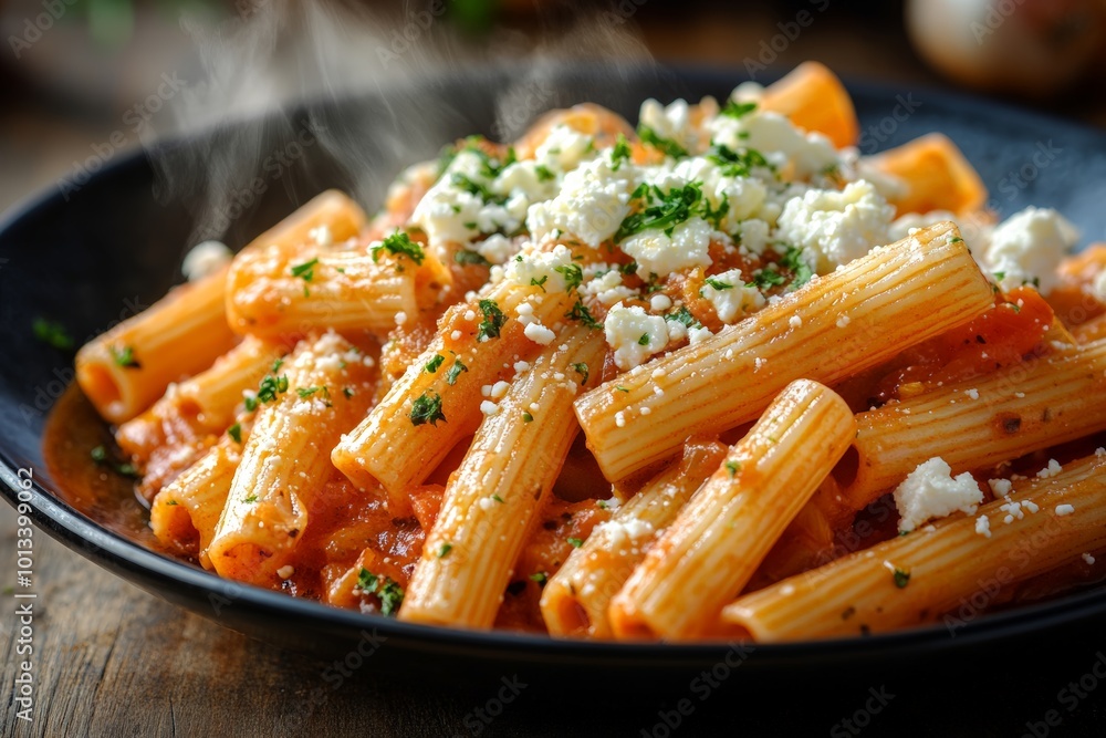 comforting pasta kritharaki, tomato sauce, with feta cheese, sauteed garlic, onion, and carrot