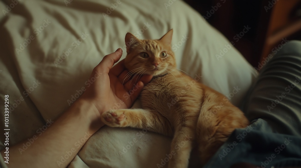 A photograph of an adult male's hand petting his cat on the head A photograph of an adult male's hand petting his cat on the head