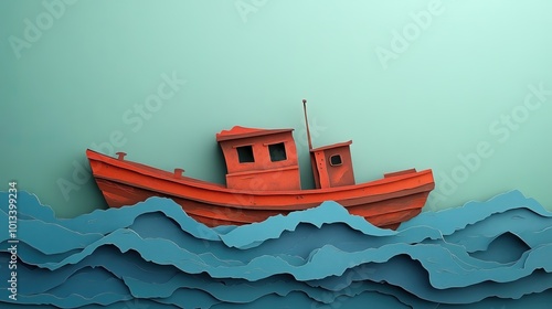 A damaged boat left adrift in the ocean Abandoned boat floating on the sea
