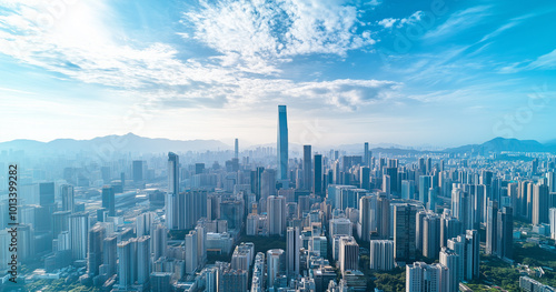 Aerial View of City Skyline and Skyscrapers Under Blue Sky and White Clouds