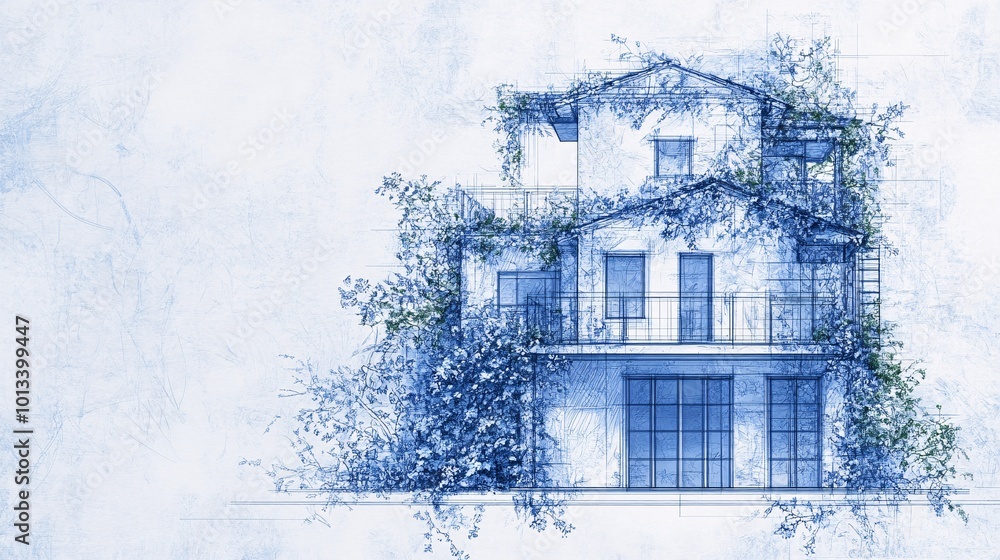 House blueprint made with green leaves and plants against blue background. Architectural project. Copy space. House blueprint made with green leaves and plants against blue background. Architectural project. Copy space.