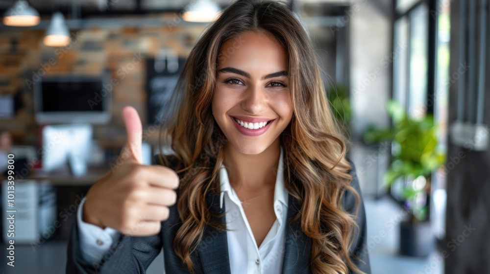 Young woman with long curls wearing elegant business suit standing in modern office smiling confidently and showing thumb up, expressing success and confidence. Young woman with long curls wearing elegant business suit standing in modern office smiling confidently and showing thumb up, expressing success and confidence.