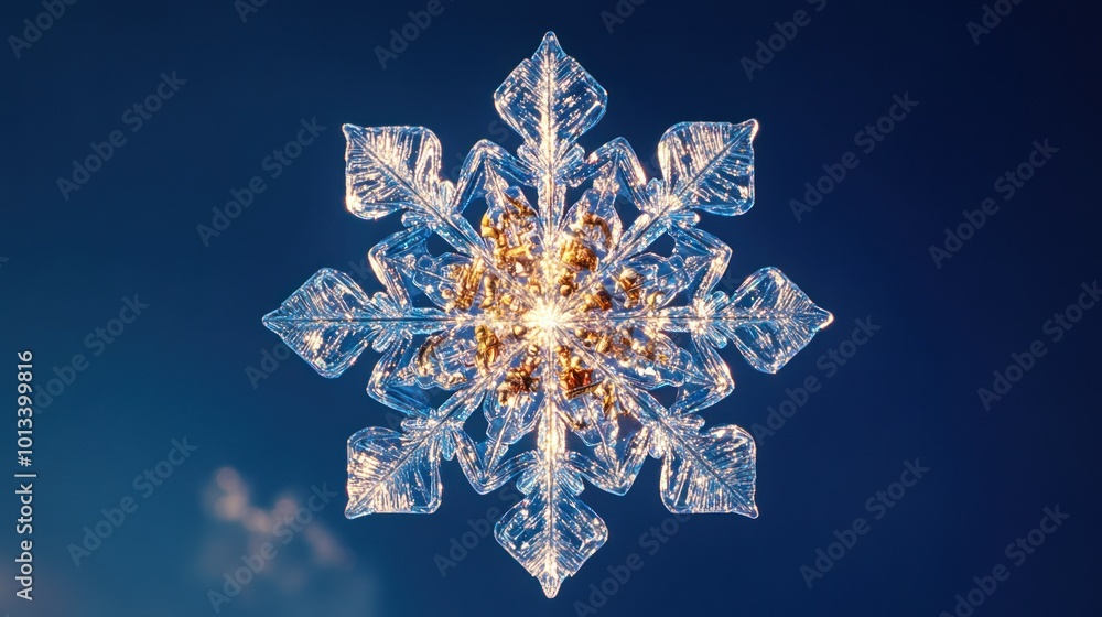 A large, intricate snowflake with a golden center against a blue sky. A large, intricate snowflake with a golden center against a blue sky.