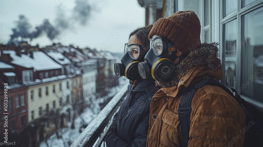 Senior couple wearing gasmask in the bright white livingroom, looking out of the window, a new virus that will infect humanity Senior couple wearing gasmask in the bright white livingroom, looking out of the window, a new virus that will infect humanity