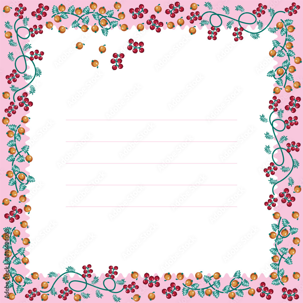 A sheet of copybook or notebook decorated with twigs and berries, lined piece of paper, greeting card with frame A sheet of copybook or notebook decorated with twigs and berries, lined piece of paper, greeting card with frame