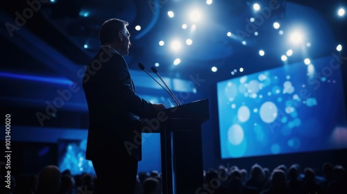 CEO Delivering Speech at Podium During Conference Event