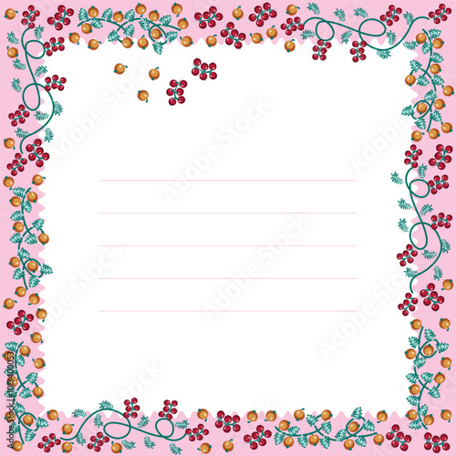 A sheet of copybook or notebook decorated with twigs and berries, lined piece of paper, greeting card with frame