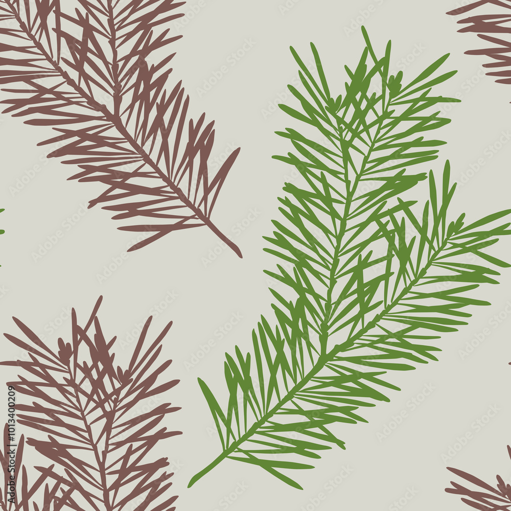 Fototapeta premium Pattern with green silhouettes of hand-drawn Christmas branches. Seamless texture with fir branches. Perfect for festive Christmas decor.