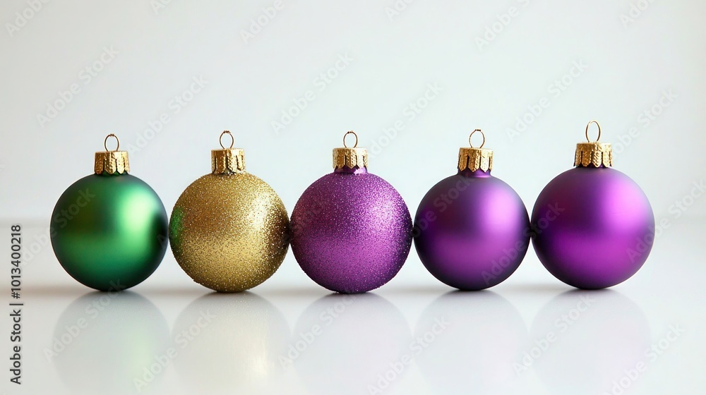 A set of vibrant holiday ornaments in bold shades of purple, gold, and green, placed symmetrically on a clean white surface. A set of vibrant holiday ornaments in bold shades of purple, gold, and green, placed symmetrically on a clean white surface.