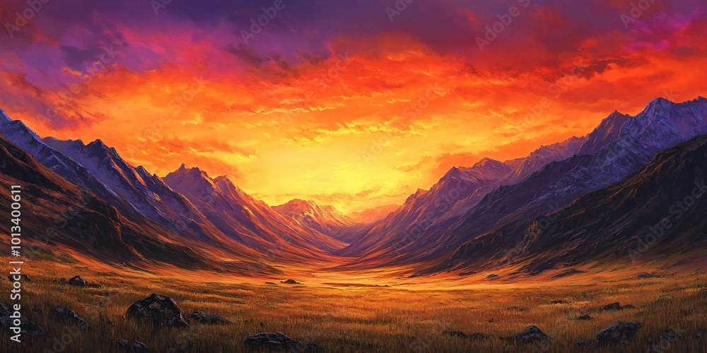 Fototapeta premium A vibrant sunset illuminates a valley surrounded by majestic mountain peaks.