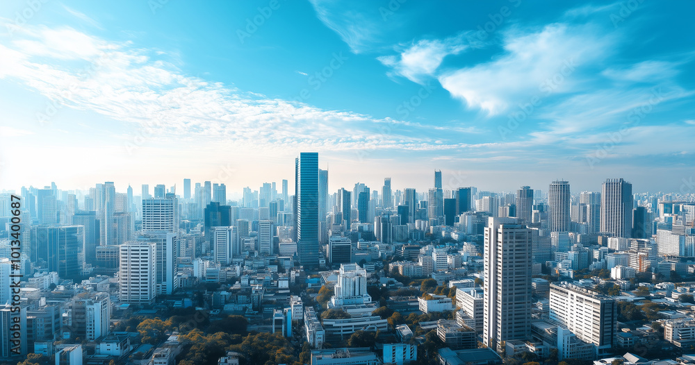 Obraz premium Aerial View of City Skyline and Skyscrapers Under Blue Sky and White Clouds
