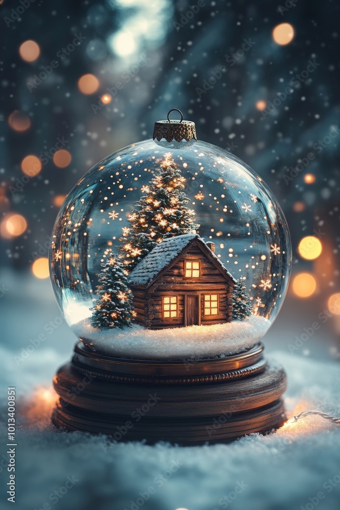 magical Christmas tree ball suspended in a snow globe, depicting a whimsical winter wonderland