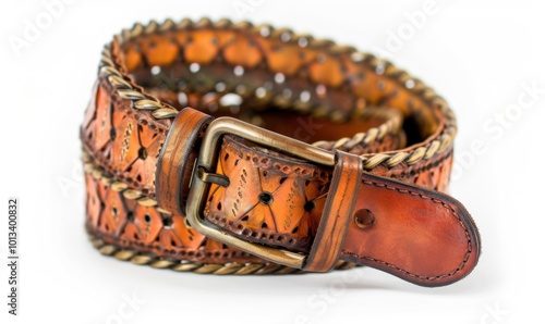 Handcrafted leather belt, white background, 4K hyperrealistic photo