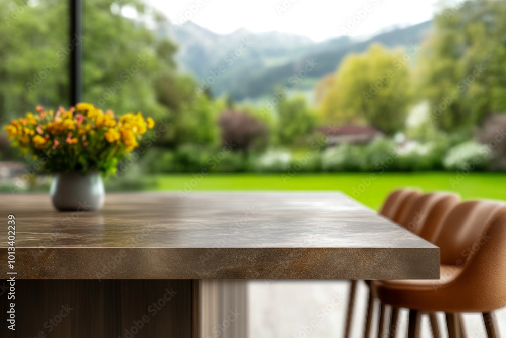 Fototapeta premium A marble bar texture complements a serene garden view outside the window
