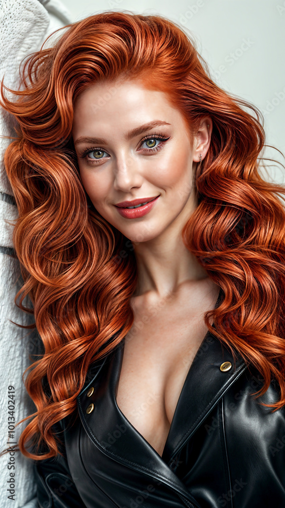 Fototapeta premium A Mesmerizing Gaze: Woman with Dark and Red Bangs Holds Viewers Captive