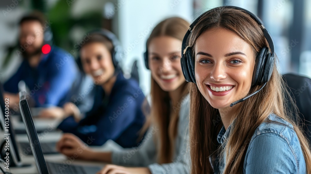 Businesswoman sitting at table in an office, using laptop and wireless technology to communicate while listening and talking to client. Businesswoman sitting at table in an office, using laptop and wireless technology to communicate while listening and talking to client.