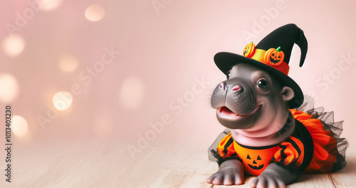 Cute baby Hippopotamus in Halloween costume. Halloween Concept.. photo