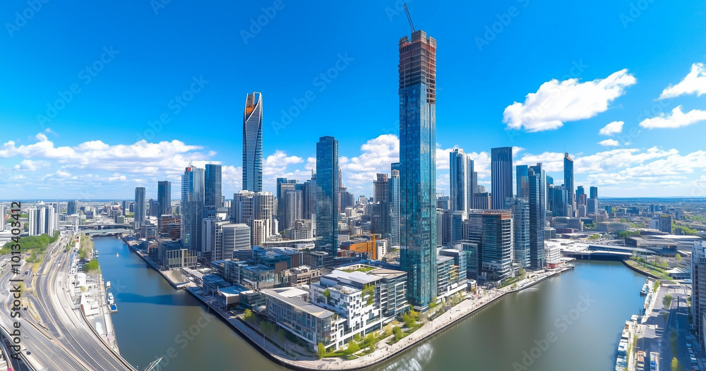 Obraz premium Aerial View of City Skyline and High-Rise Buildings Under Blue Sky and White Clouds