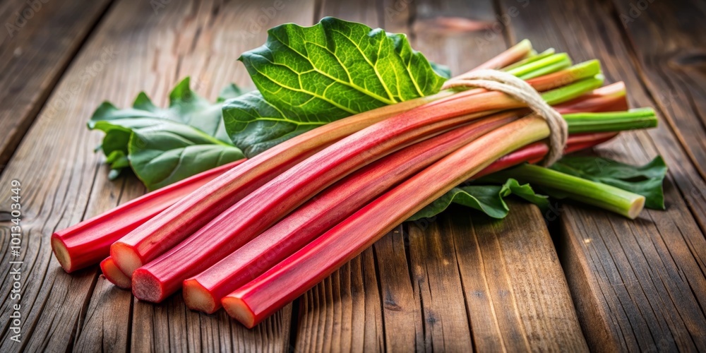 Rhubarb stems on a wooden table